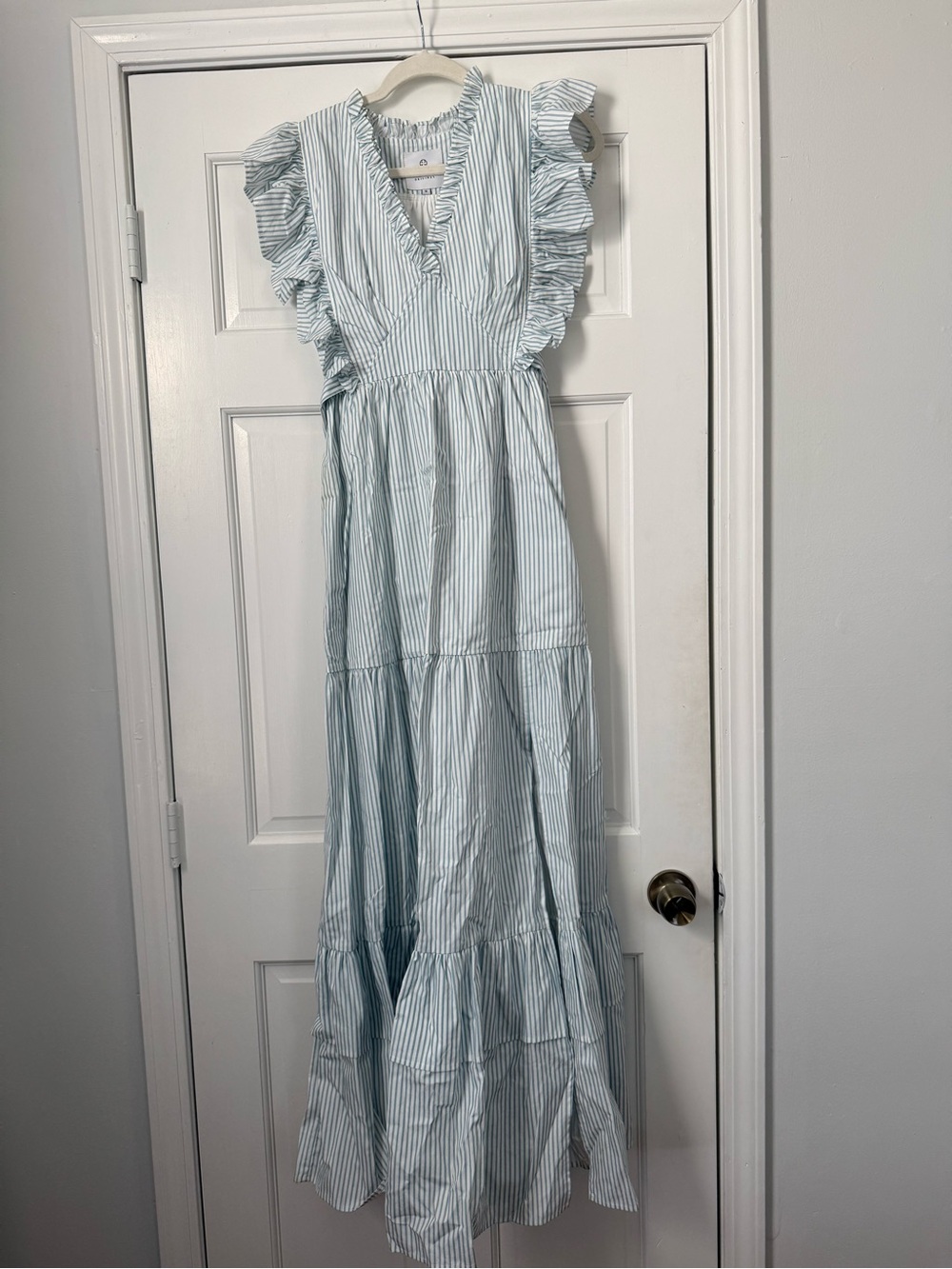 Women's Light Blue Striped Maxi Dress with Ruffle Yoke - Picture 2 of 2